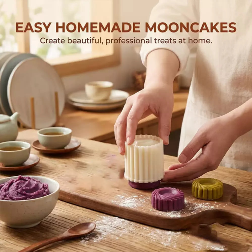 A person in a kitchen uses a fluted round pastry cutter to press into dough, with a round cutter stamps and bowls of purple dough on a wooden cutting board. Text at the top reads 'EASY HOMEMADE MOONCAKES'.