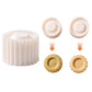 A white plastic cookie cutter shown alongside two example cookie cutout shapes, with orange arrows indicating the cutter creates different decorative round cookie designs.