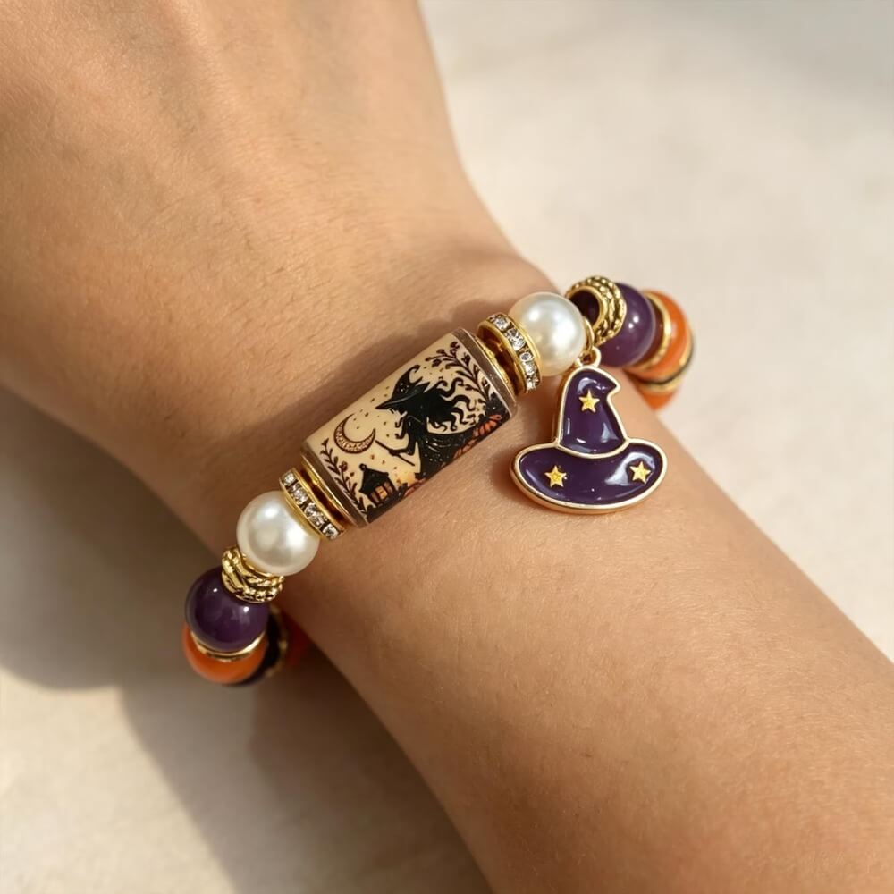 Halloween Beaded Bracelet | Witch Hat Cat Pumpkin Stretch Gift
