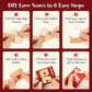 DIY Love Notes in 6 Easy Steps infographic showing a six-step guide with hand illustrations and photos of hands performing each step, from folding a kraft paper box to sealing it with a heart sticker and finally presenting a red gift box with a tied bow.