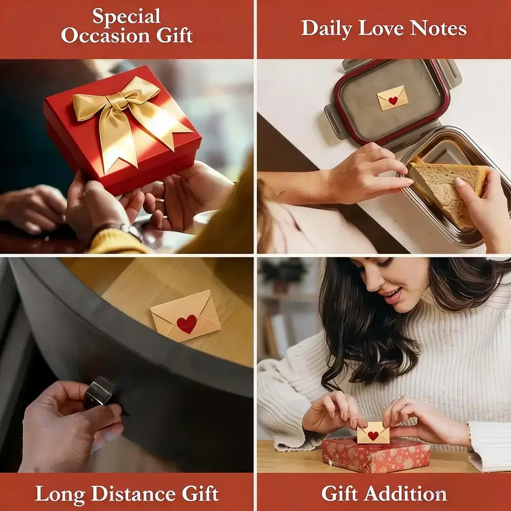 A 2x2 collage showing use cases for a small note card and gift box set: Special Occasion Gift, Daily Love Notes, Long Distance Gift, and Gift Addition. The collage includes hands opening a metal lunchbox with a note inside, receiving a wrapped gift, and adding a small note card to a red gift box.