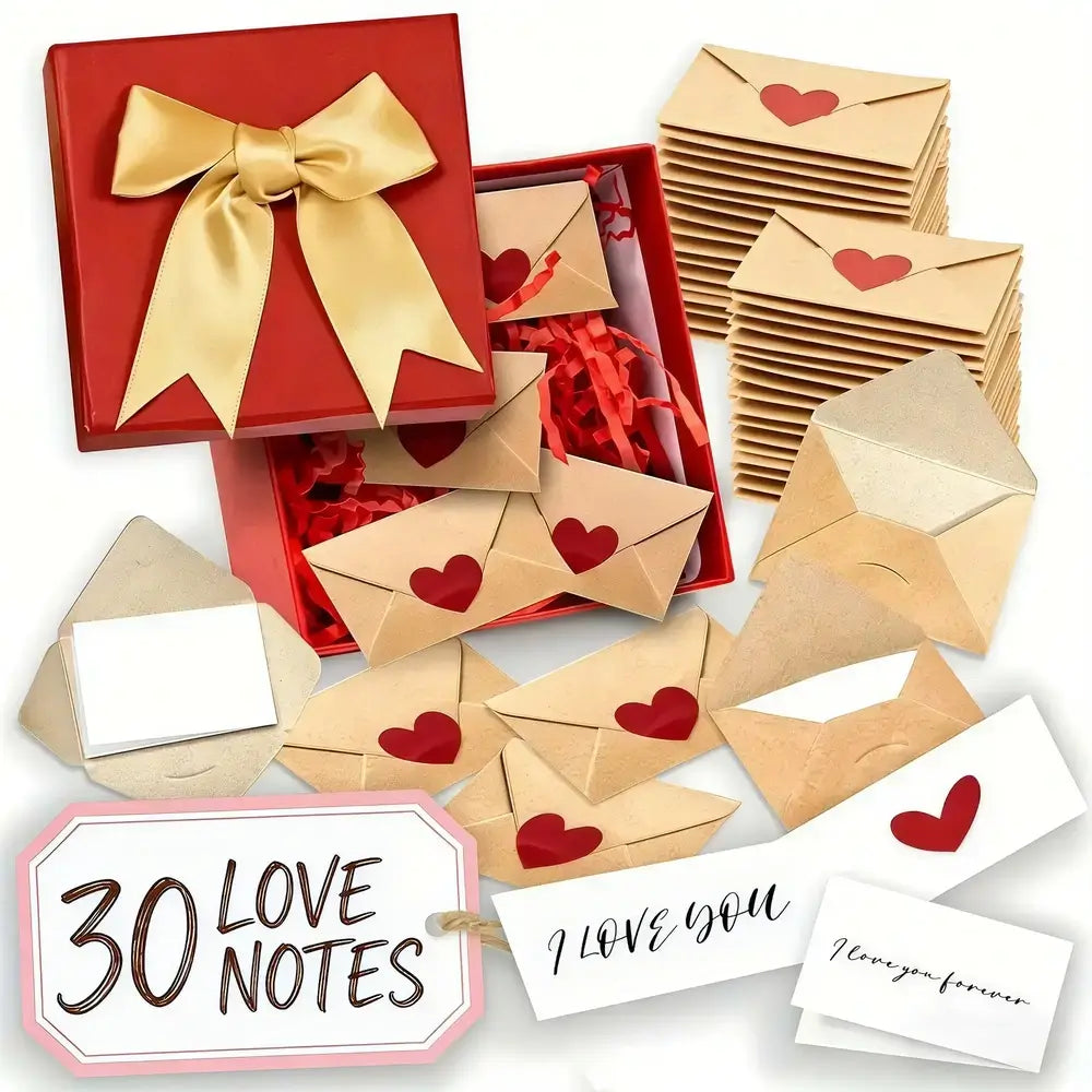A Valentine's Day gift set featuring a red box with a gold ribbon, kraft paper envelopes with red hearts, white cards, and a hanging tag that reads '30 LOVE NOTES'.