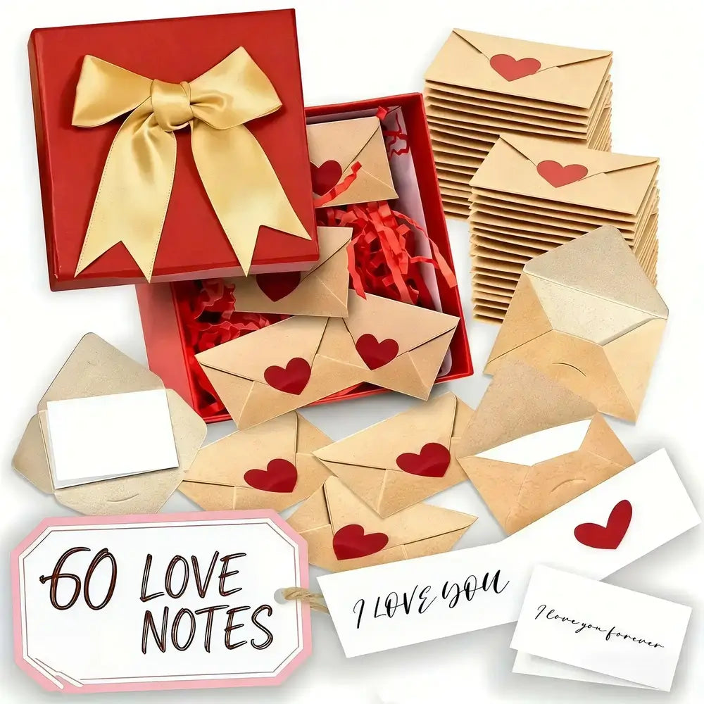 A Valentine's Day gift set containing 60 love notes, including kraft paper envelopes with red hearts, white note cards, and a large red gift box with a gold ribbon.