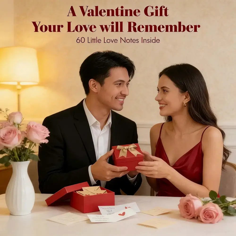 A romantic Valentine's Day gift scene with a man in a black suit presenting a red gift box with a gold ribbon to a woman in a burgundy dress. The text at the top reads 'A Valentine Gift Your Love will Remember' and '60 Little Love Notes Inside.