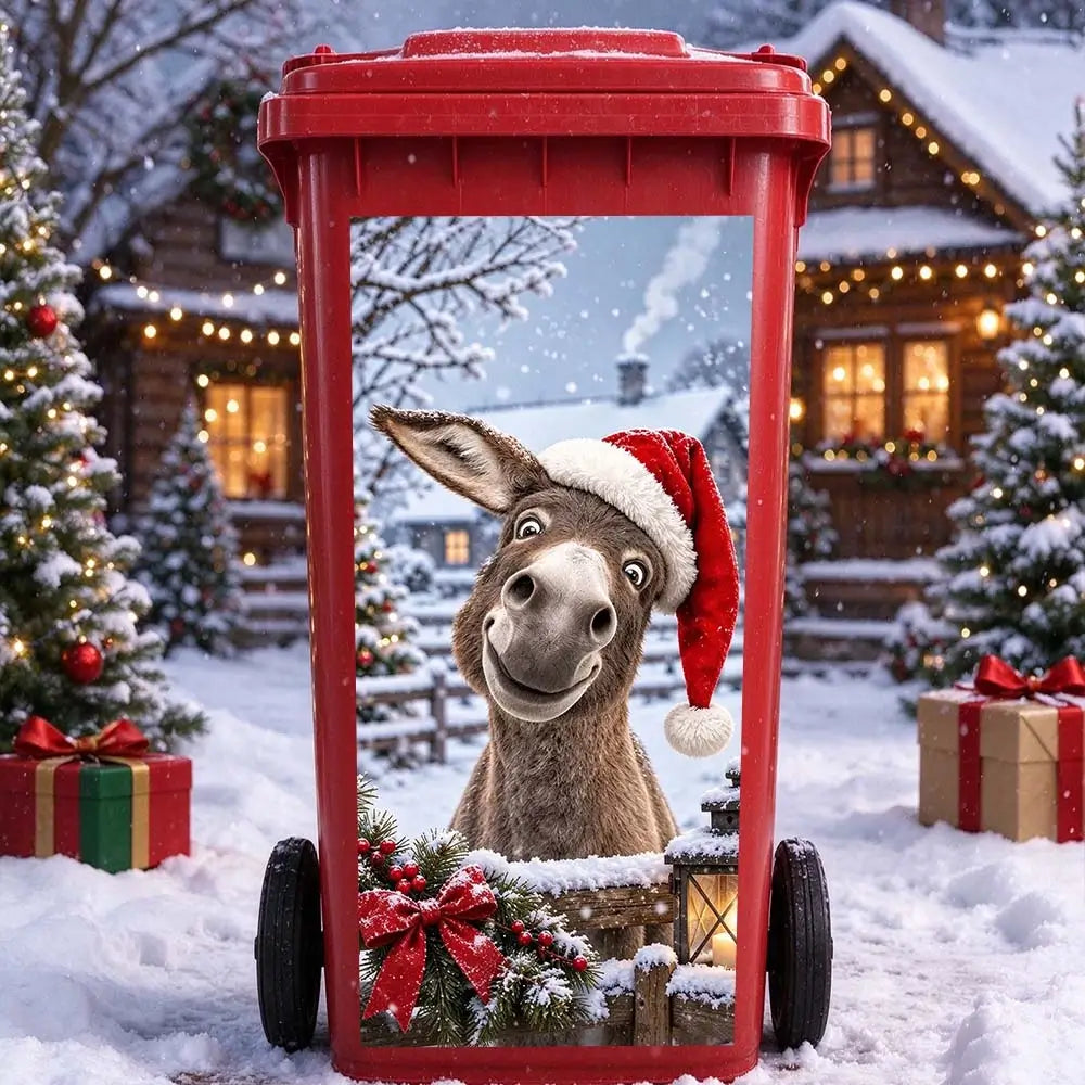 Donkey trash can sticker for Christmas outdoor bin decoration