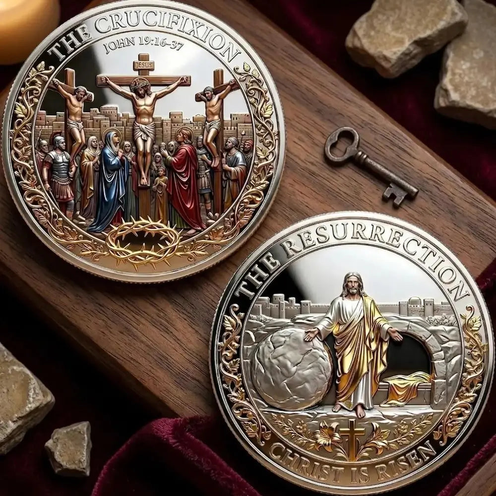 Close-up of the embossed cross details on the memorial coin