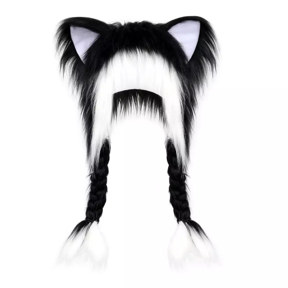 Black white fluffy plush hat with cute cat ears