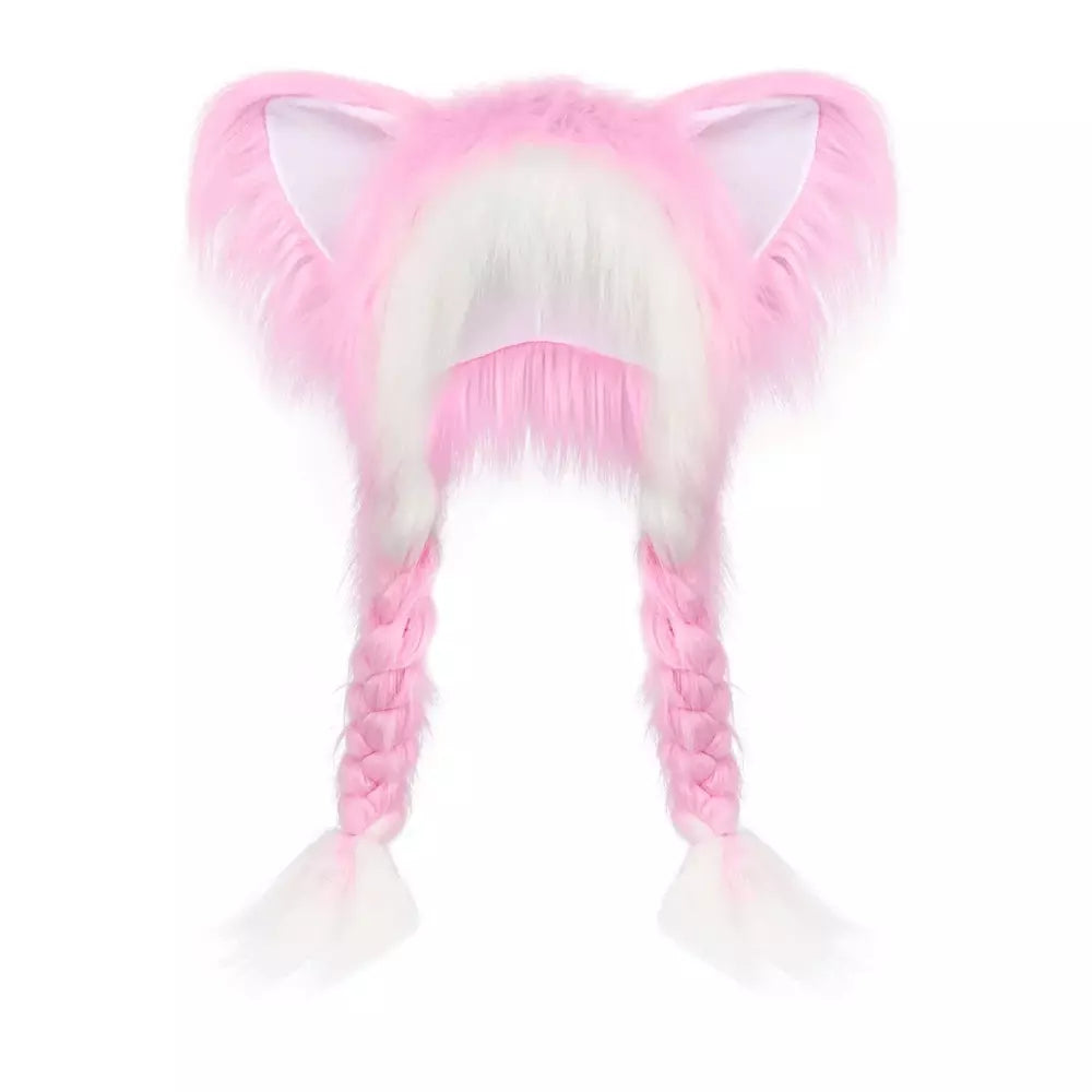 Pink white fluffy plush hat with cute cat ears
