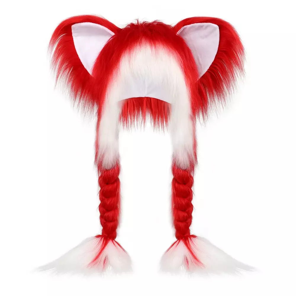 Red white fluffy plush hat with cute cat ears