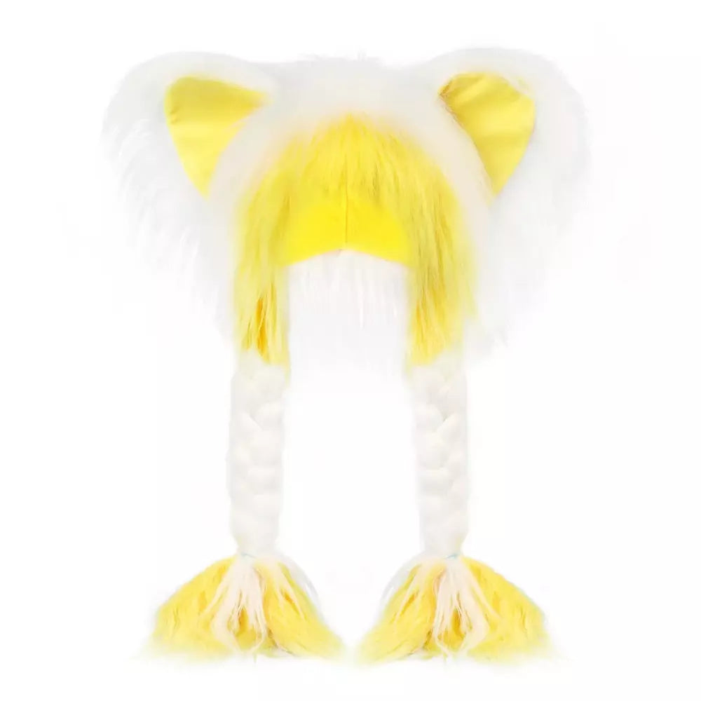 White yellow fluffy plush hat with cute cat ears