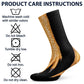 A chicken foot sock beside laundry care icons for machine washing no bleach low tumble dry no iron and no dry clean