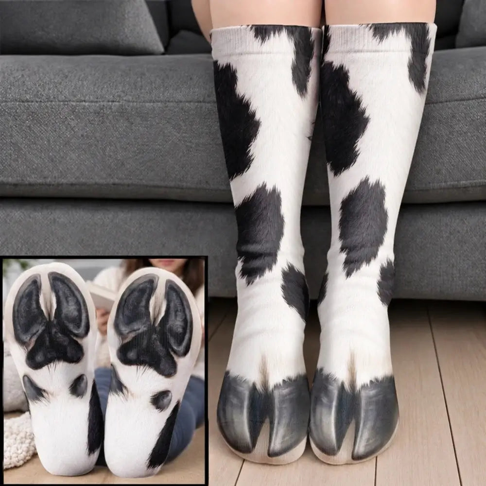 Black and white spotted cow hoof socks worn on legs before a gray sofa with a sole closeup