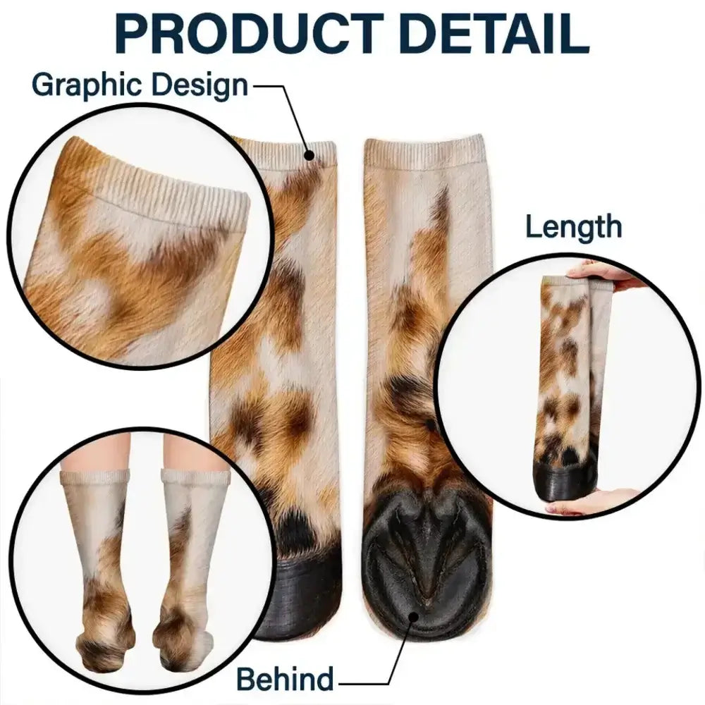 Close up callouts show the ribbed cuff length and back detail of the cow fur patterned socks