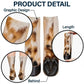 Close up callouts show the ribbed cuff length and back detail of the cow fur patterned socks