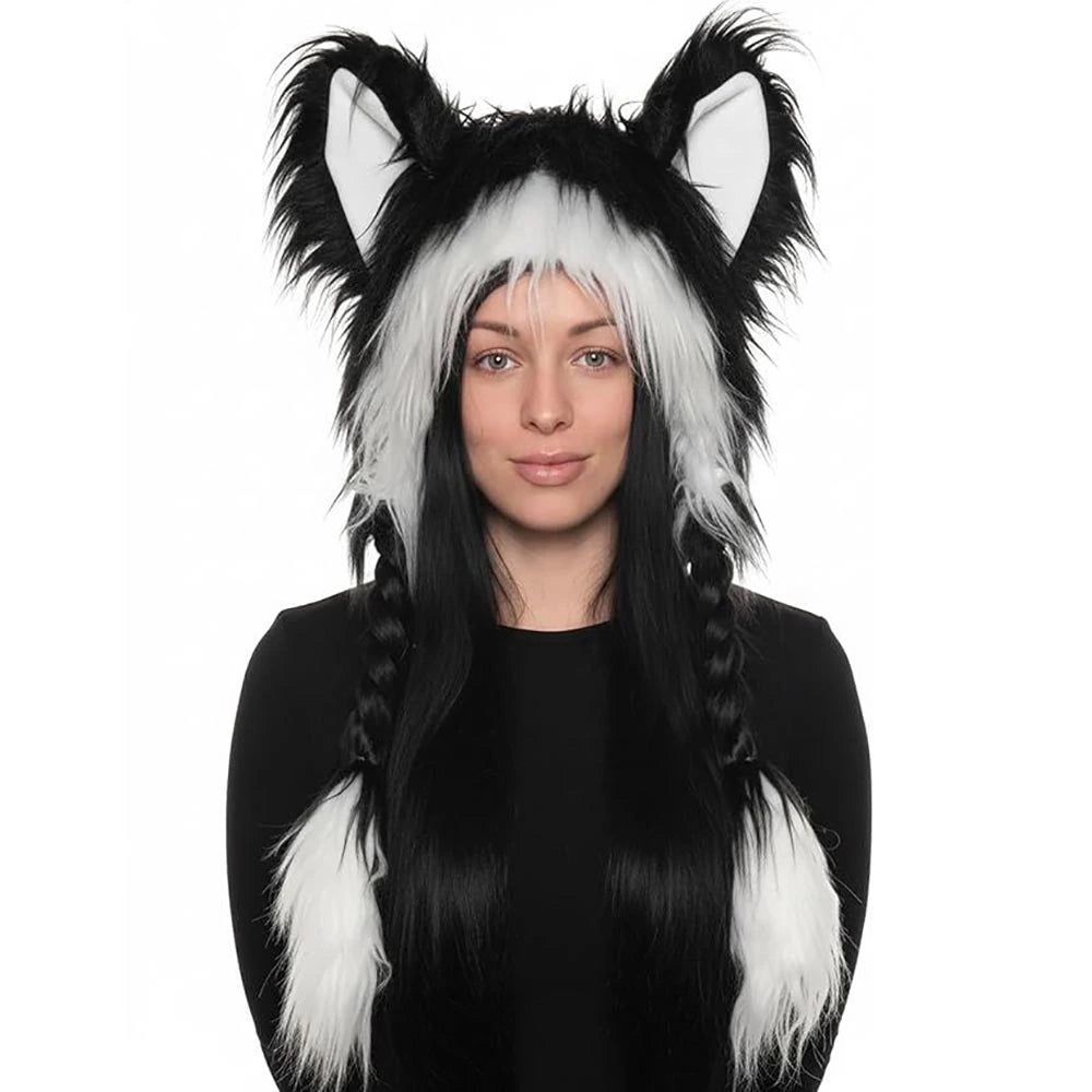 Fluffy cat ear hat styled for a cosplay look
