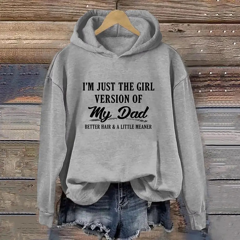 Grey graphic hoodie with a humorous dad daughter design