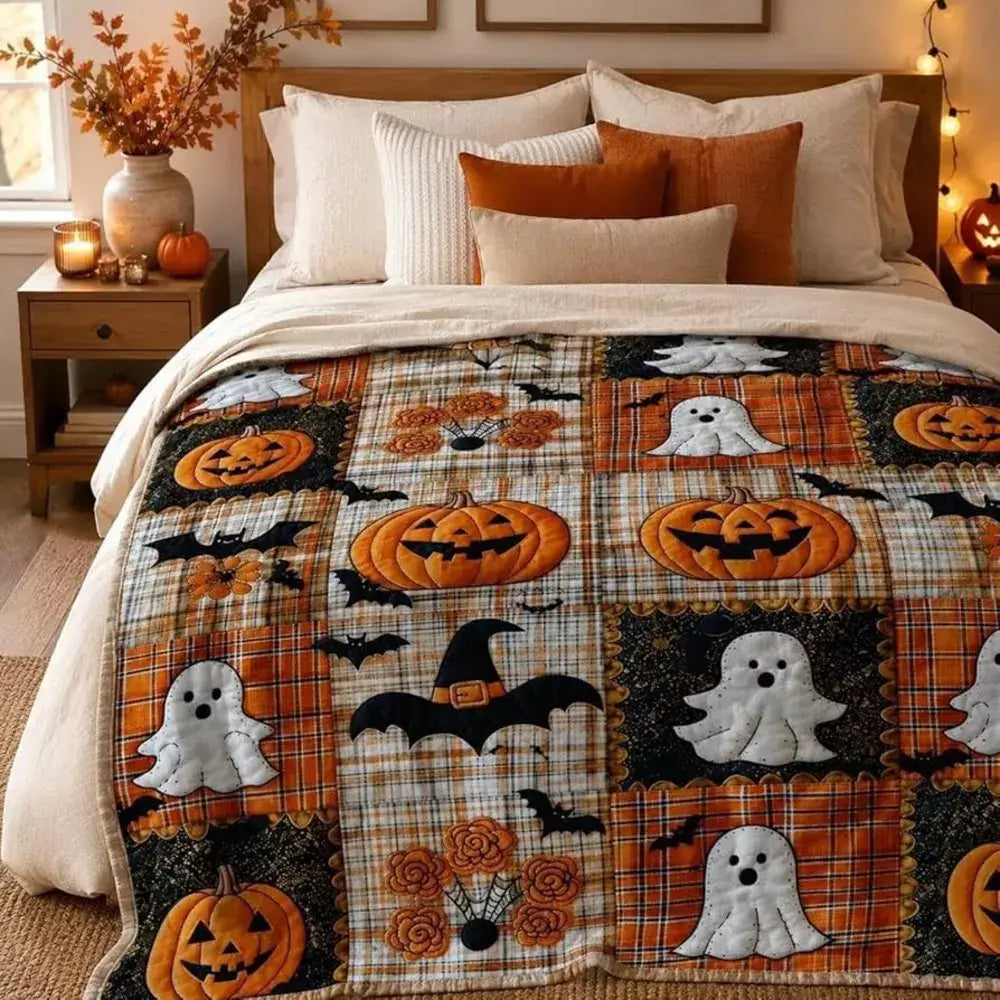 Halloween-themed flannel blanket styled on a bed