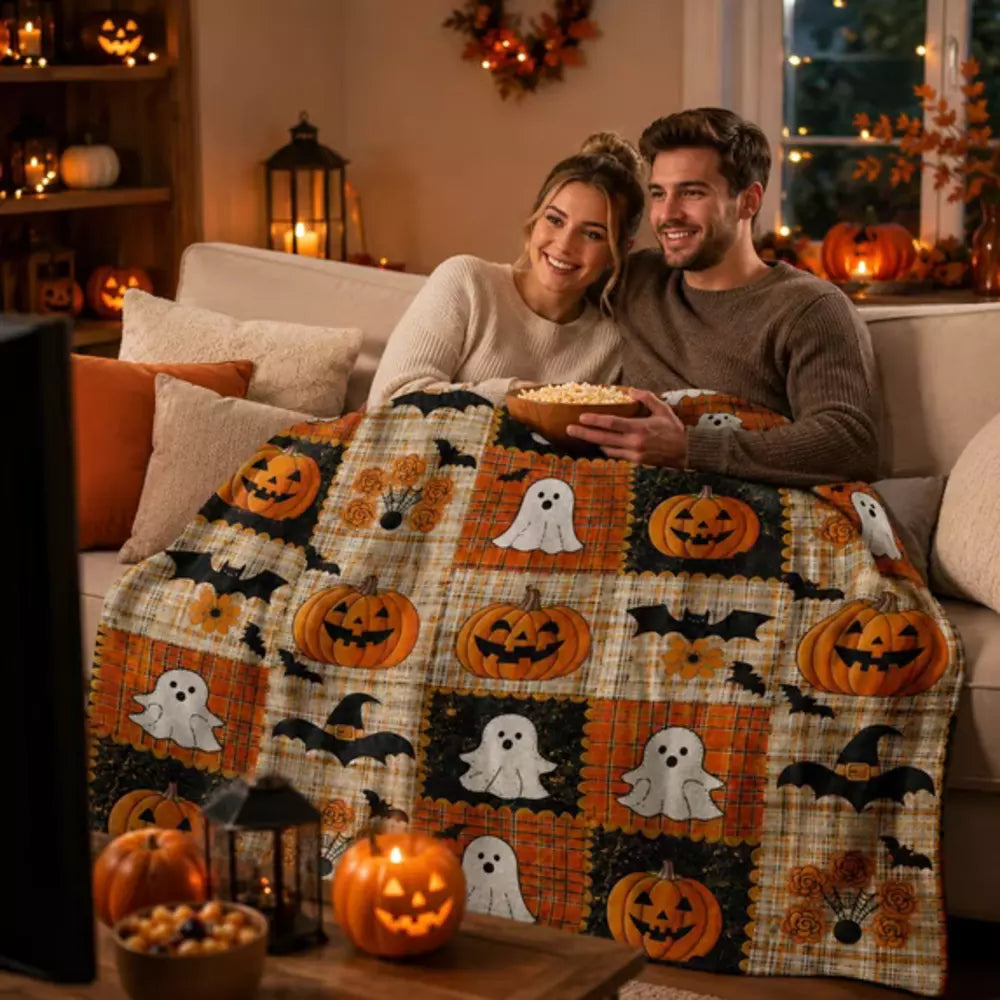 Pumpkin and ghost print blanket for autumn home decor