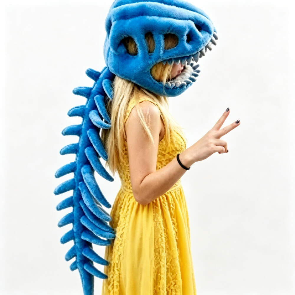 A woman wearing a blue dinosaur plush head and matching blue dinosaur back accessory, posed in a yellow dress against a plain white background.