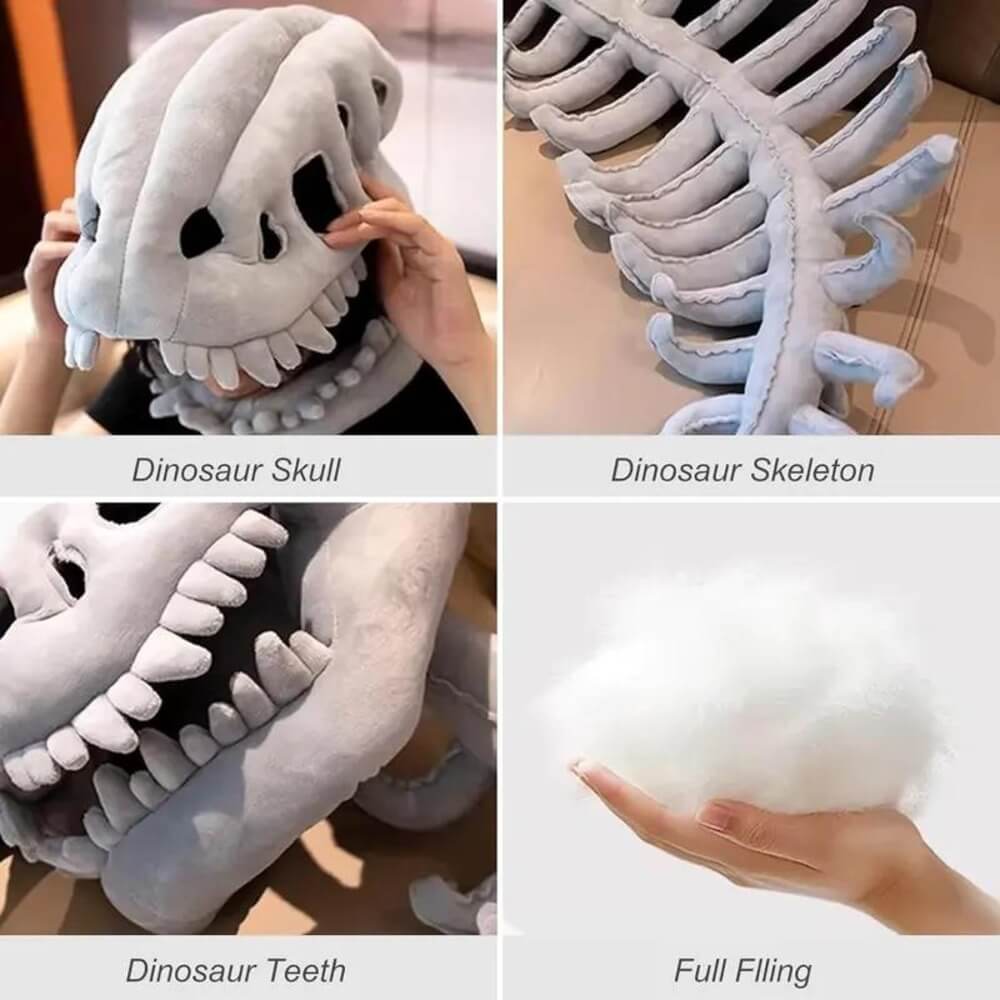 Collage of dinosaur skull, skeleton, and teeth plush toys with labels in Spanish.