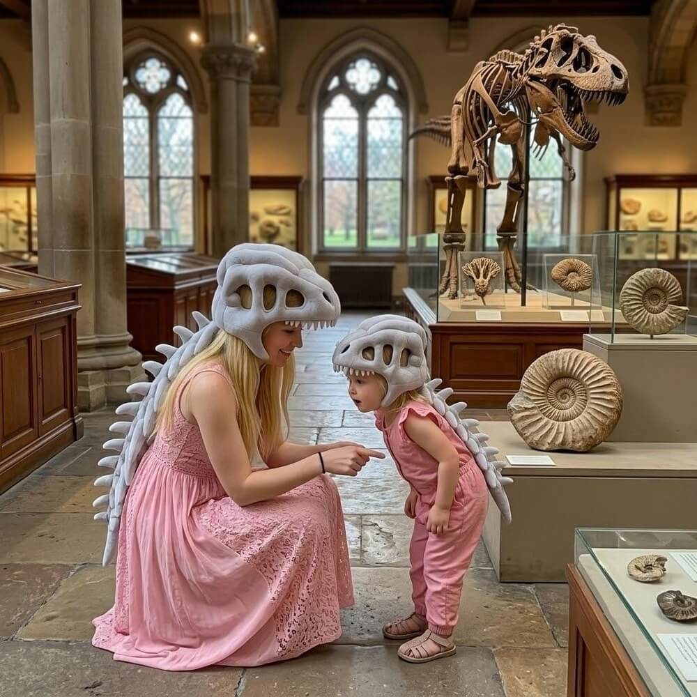 A woman and a child wearing dinosaur skull and back armor costumes pose in a dinosaur museum, with a T-rex skeleton and fossils visible in the background.