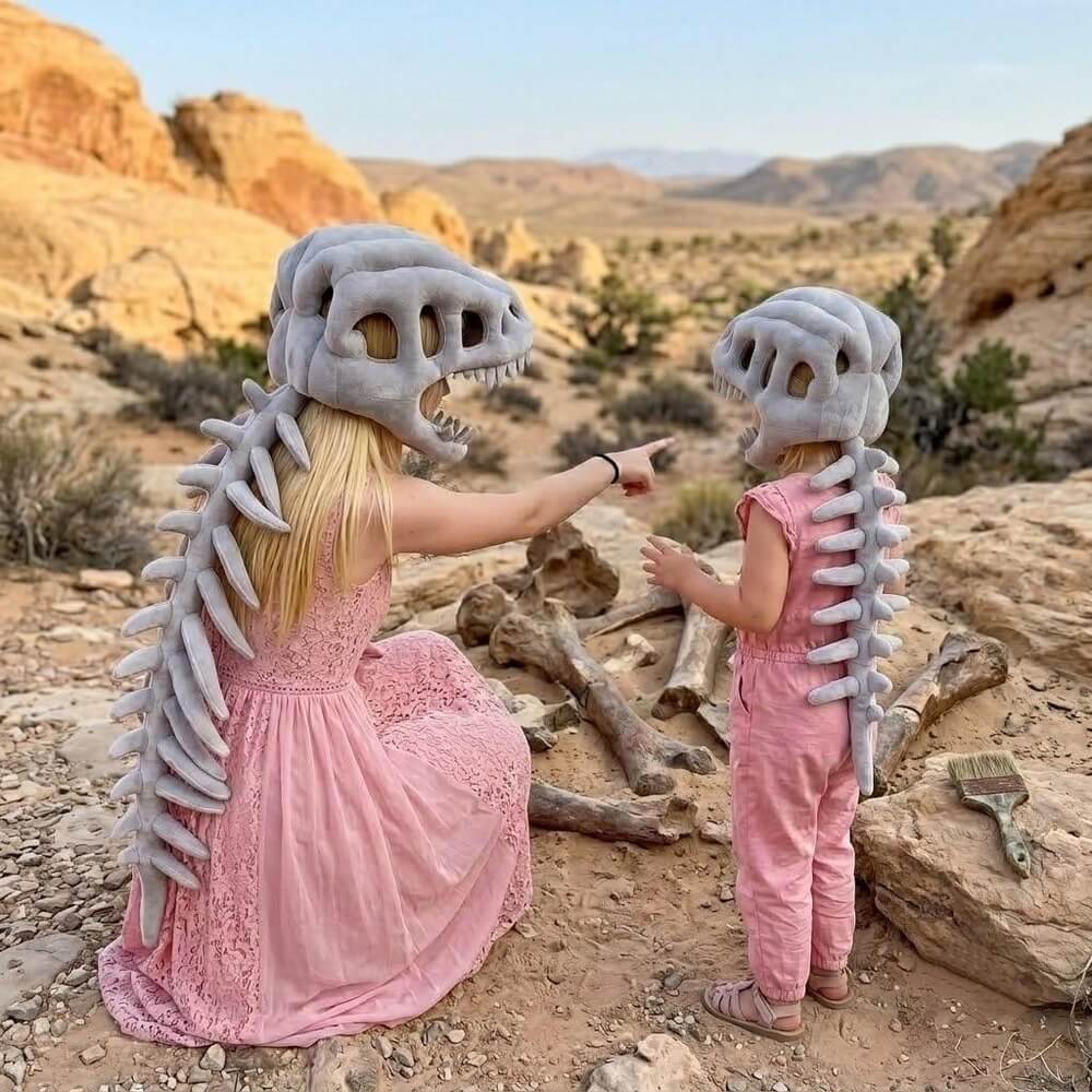 A woman and a child wearing dinosaur skeleton costumes in a desert canyon setting. The woman is kneeling and pointing, while the child stands beside her.