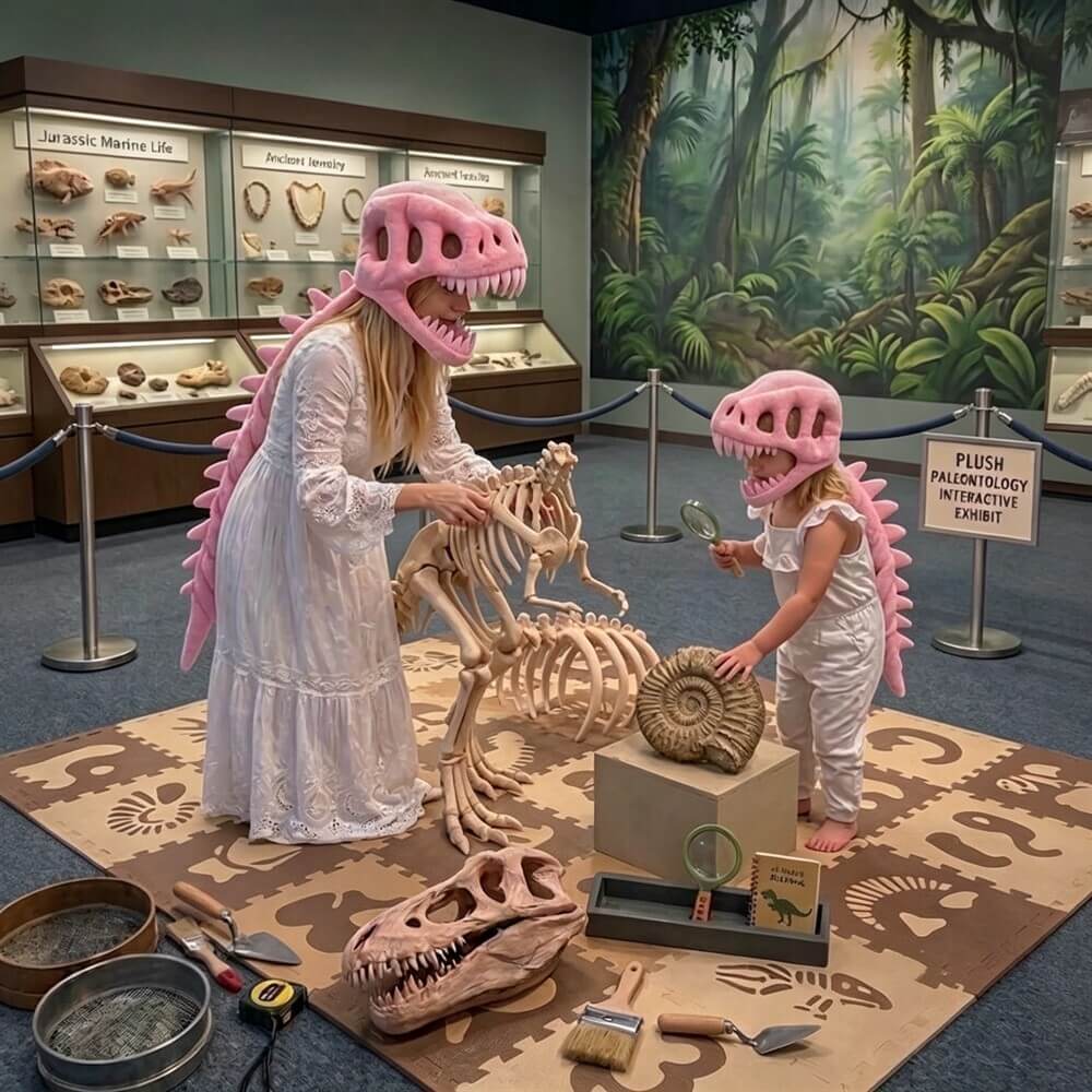 A woman and a child wearing pink dinosaur helmets and white outfits explore a paleontology exhibit inside a museum. The woman is handling a dinosaur skeleton while the child examines a ammonite shell on a display box.