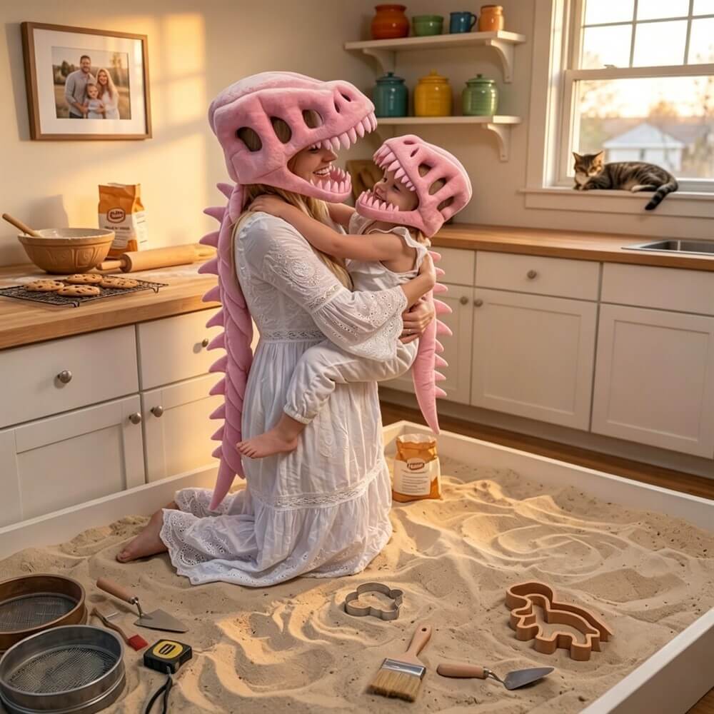 A woman and child wearing pink dinosaur skeleton head masks play in a sandbox filled with sand toys inside a cozy kitchen setting.