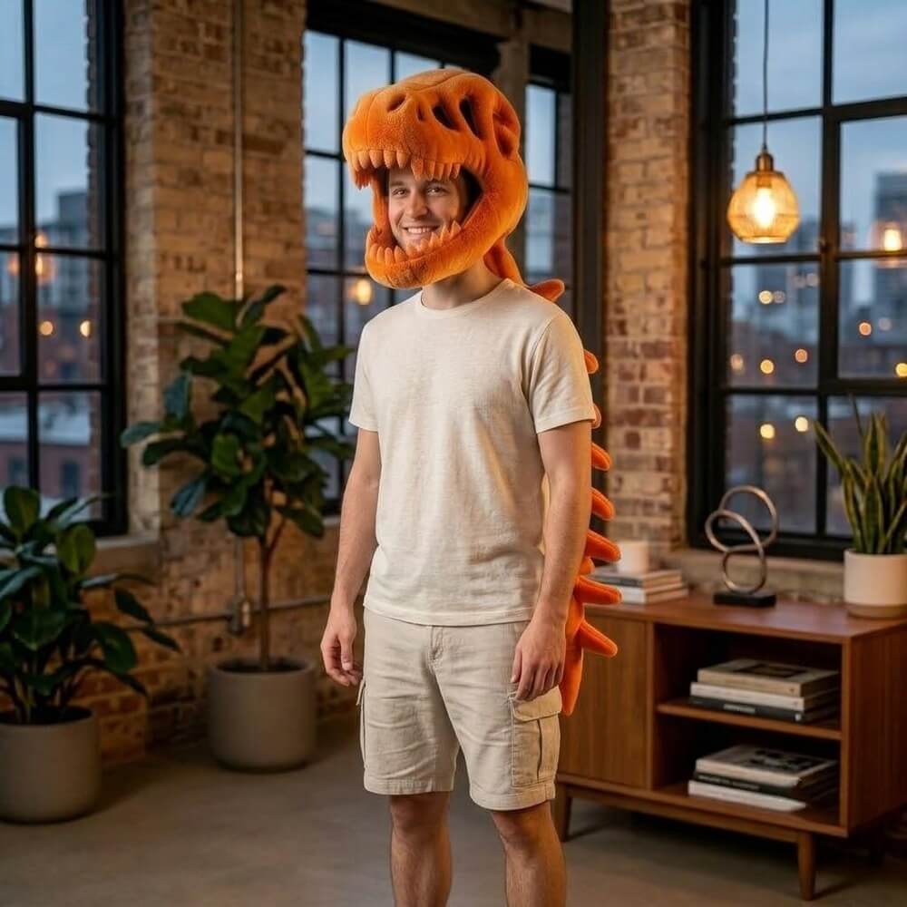 A man wearing a plush orange dinosaur head and tail costume stands in a modern loft-style room with brick walls, large windows, and indoor plants.