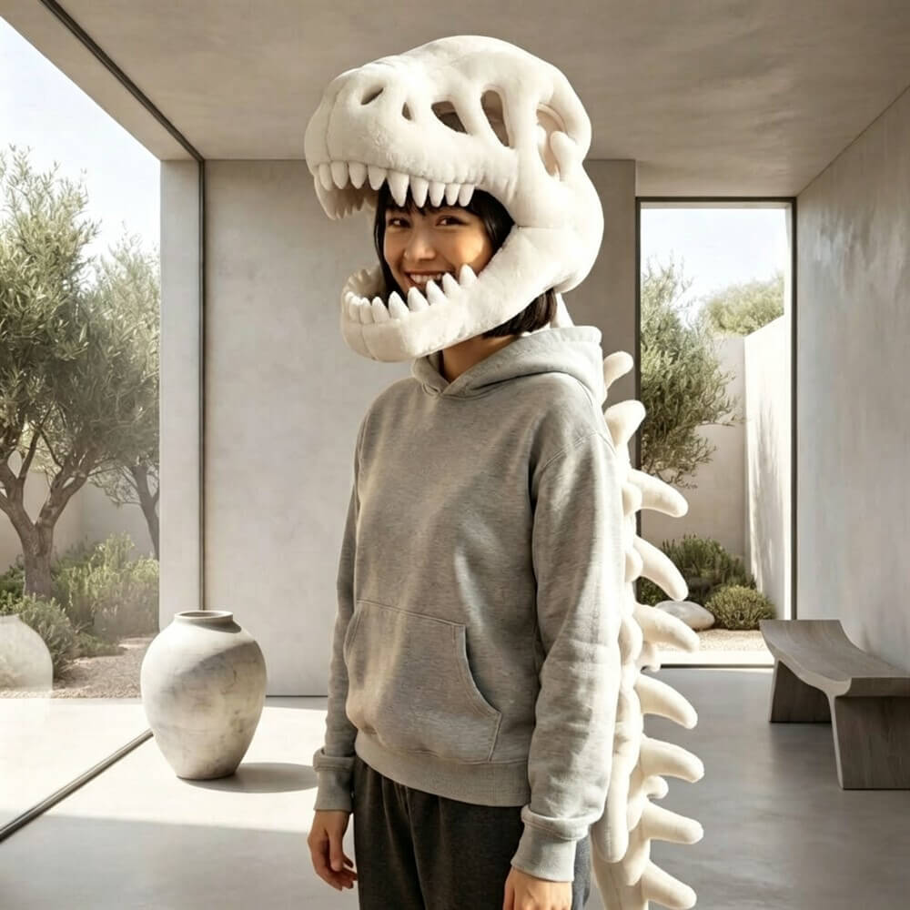 A person wearing a plush dinosaur skull and spine hood with a light gray hoodie, standing in a modern minimalist interior with large windows and outdoor views.