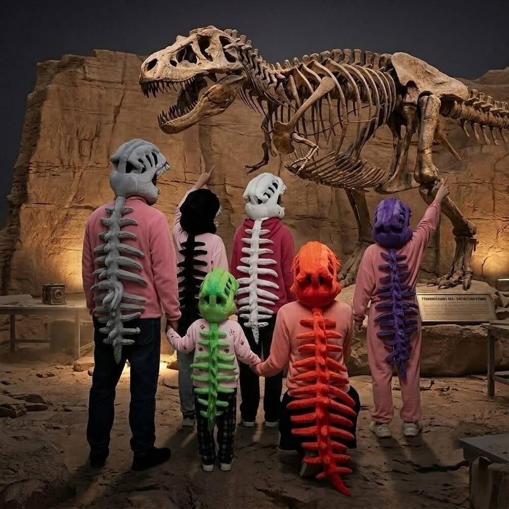 Six people wearing colorful dinosaur skeleton costumes stand in front of a large T-rex skeleton exhibit in a museum setting. The costumes include different dinosaur designs in pink, black, white, orange, purple, and green, with matching skull masks.