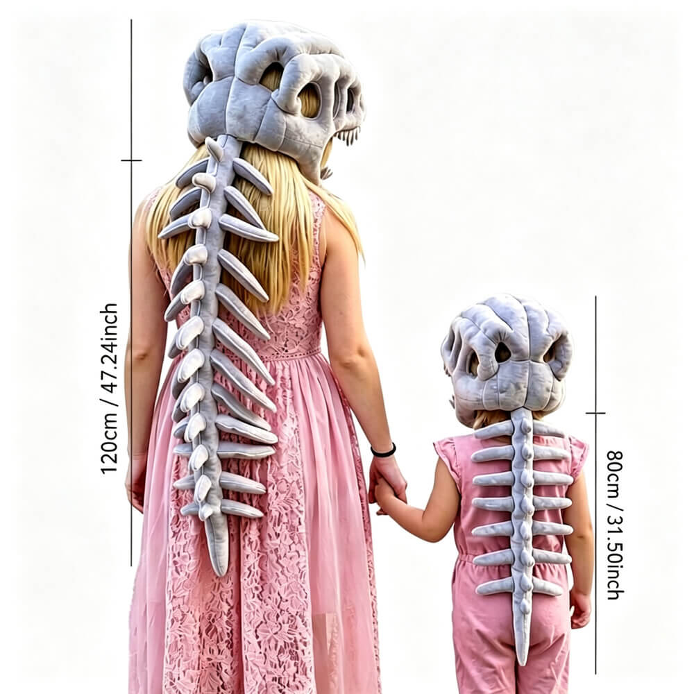 A woman and a child shown from the back wearing matching pink skeleton costume sets with skull masks and spine-backbone accessories, with height measurement lines and text indicating 120cm/47.24inch and 80cm/31.