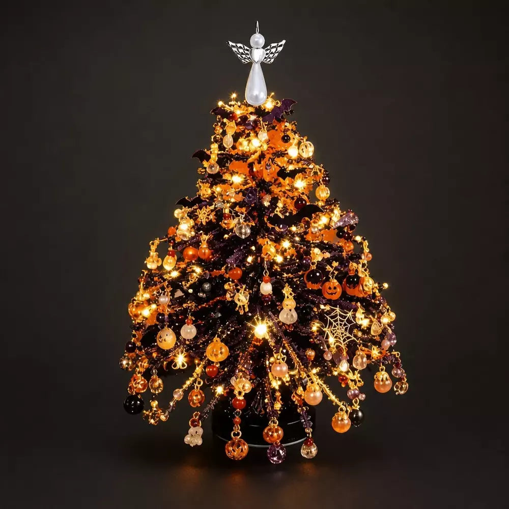 Halloween Glow beaded tree with seasonal black and orange decorations