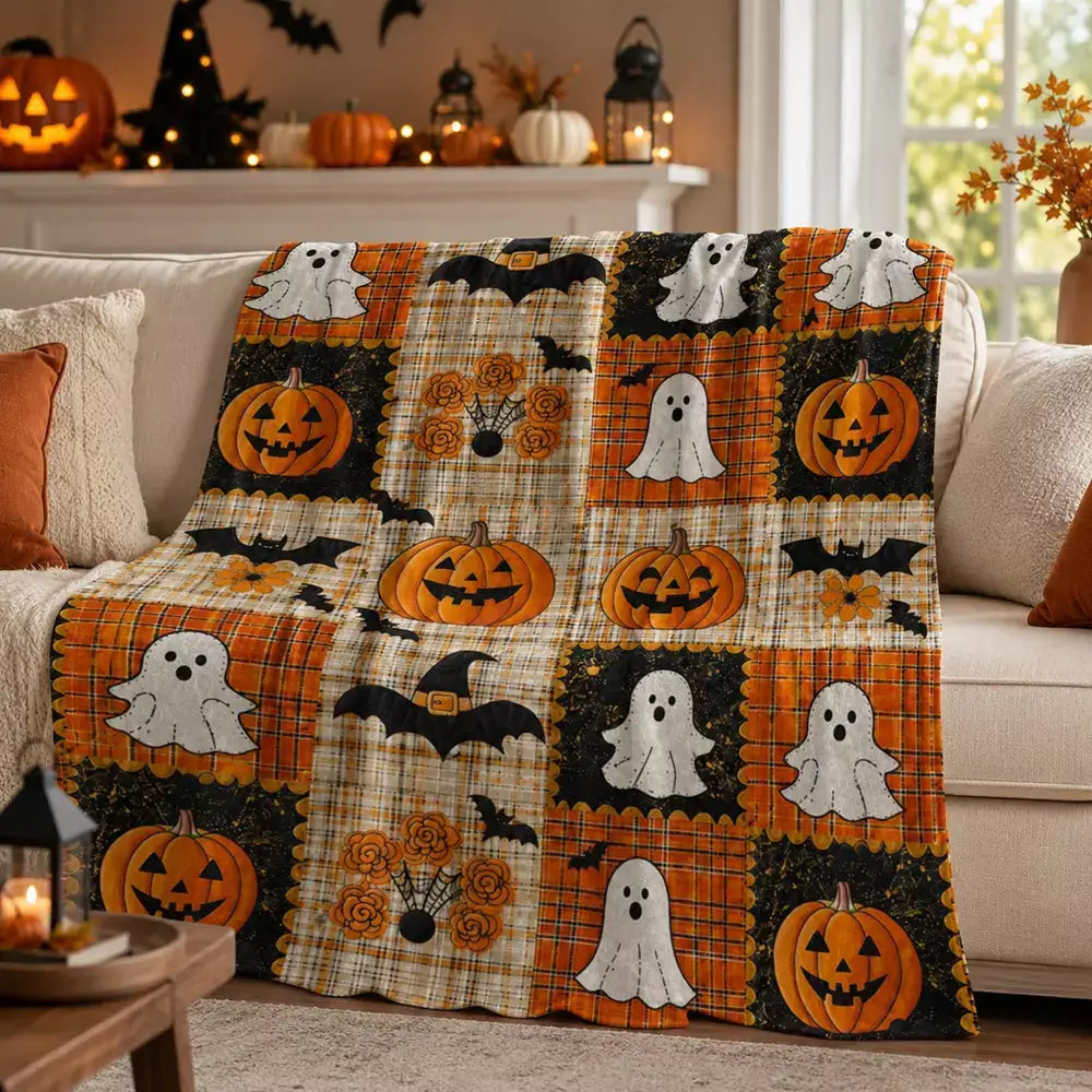 Halloween throw with a printed patchwork-style design