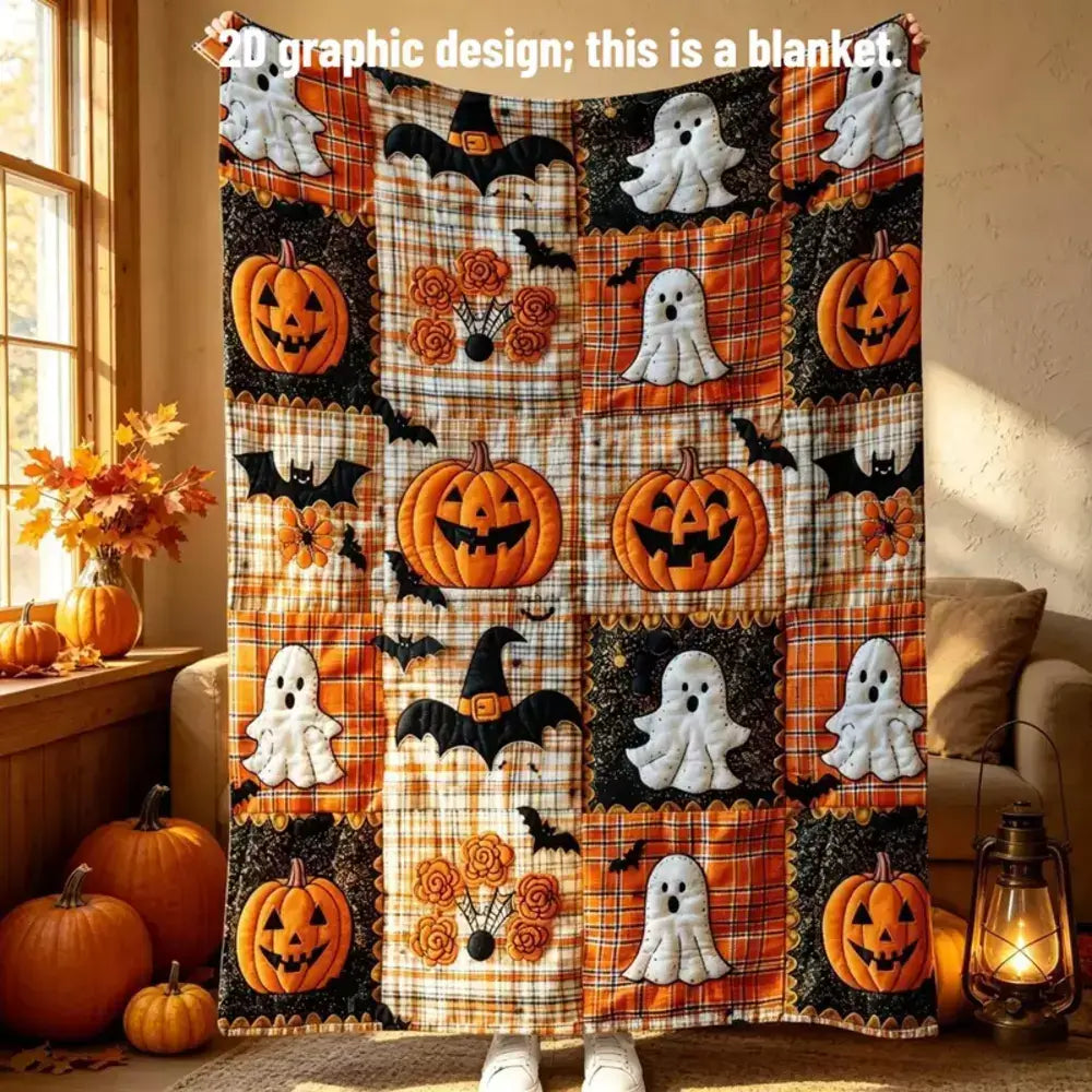 Halloween throw blanket with pumpkin, ghost and bat plaid print