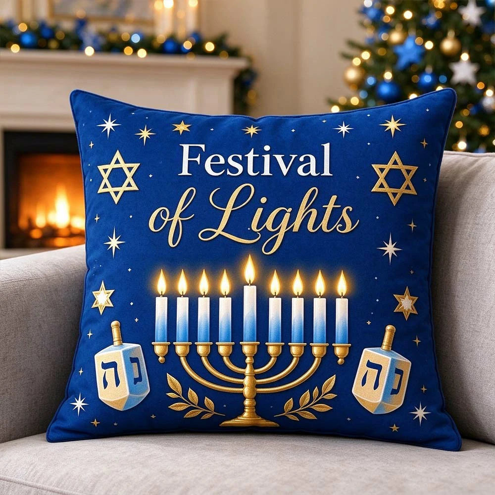 Hanukkah Decorative Pillow Covers – Blue & Gold Menorah Designs