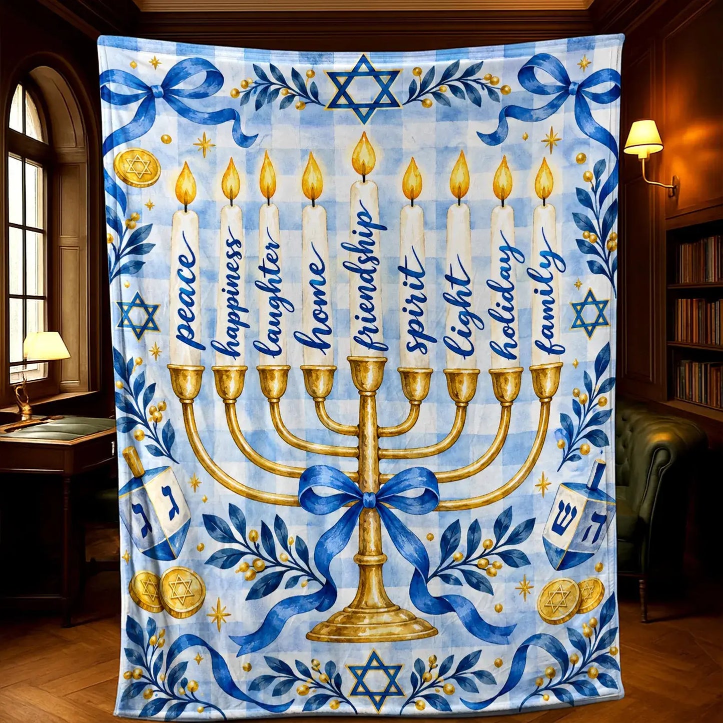 The blue and white gingham Hanukkah blanket with a golden menorah is displayed in a vintage styled living room