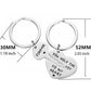 Two silver heart-shaped key rings with engraved text, shown with dimension lines and measurements labeled 30MM/1.18 inch and 52MM/2.05 inch