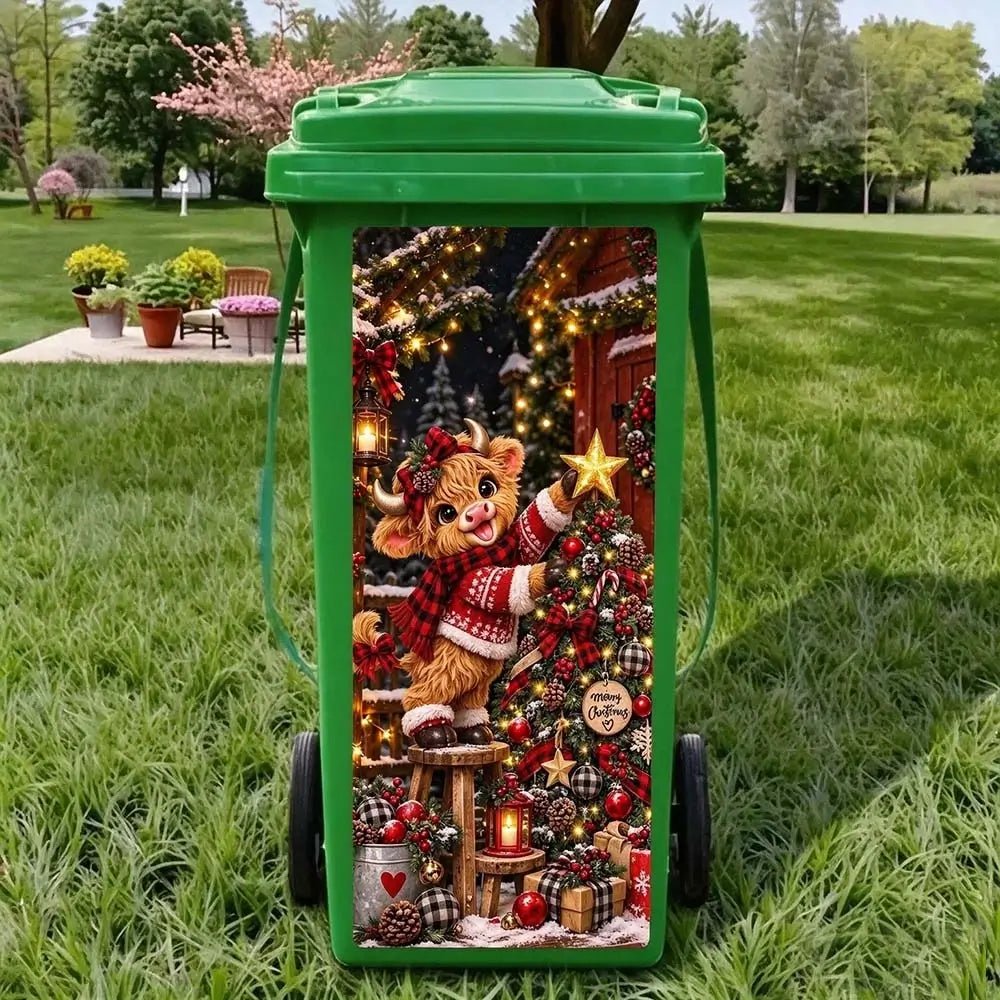 Highland cattle calf trash can sticker for Christmas outdoor bin decoration