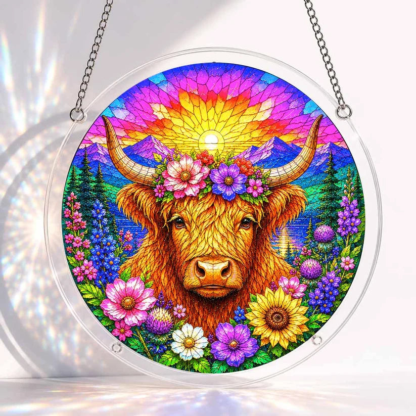 A round acrylic suncatcher with a fluffy highland cow wearing a flower crown surrounded by wildflowers and mountain sunset