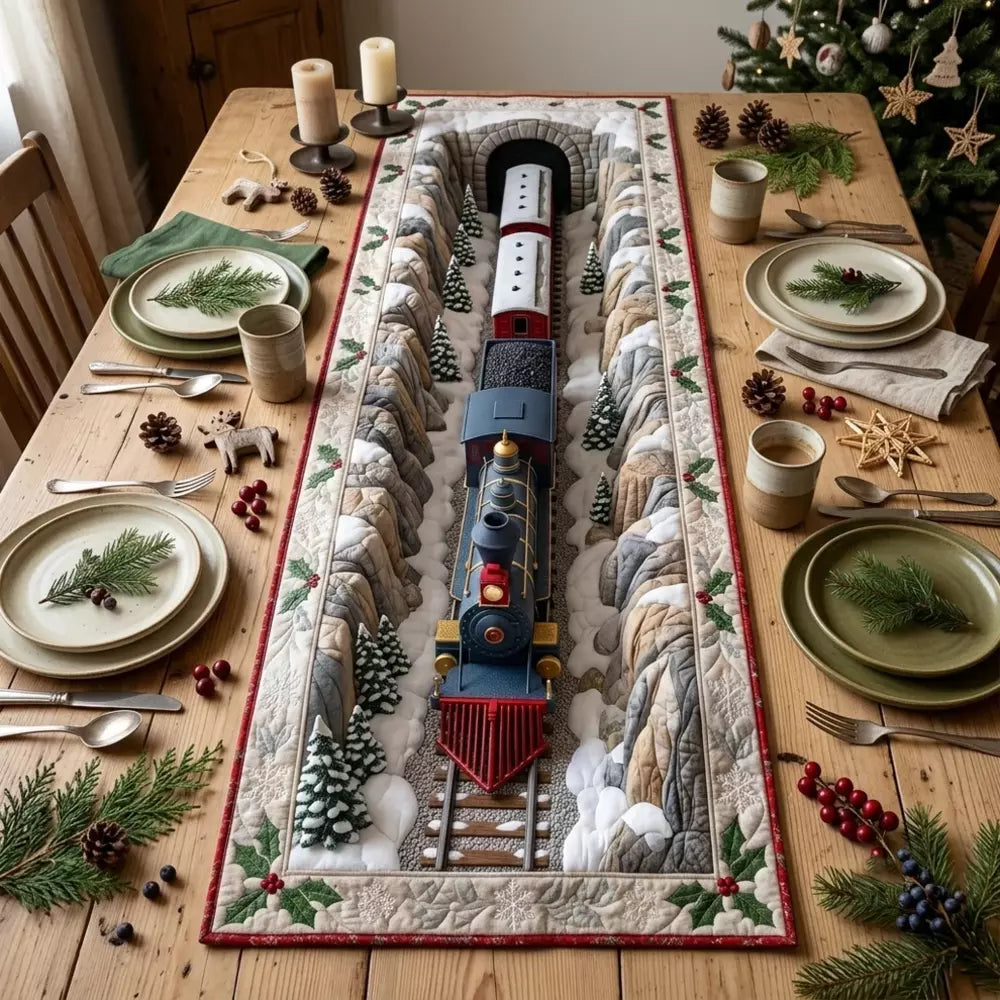 A quilted table runner with snowy valley tunnel track and a retro toy train between mini Christmas trees on a wooden table with plates and ornaments