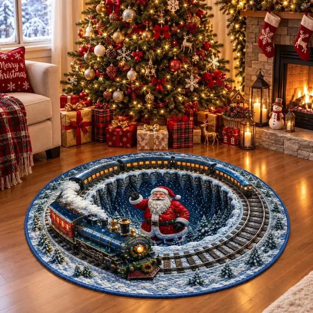 Ice Blue Christmas Train Round Rug - H770