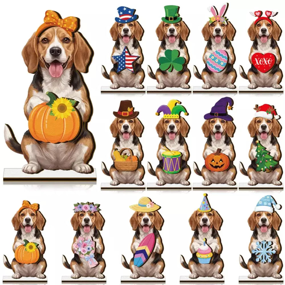 Interchangeable animal wooden decor with autumn seasonal accessories