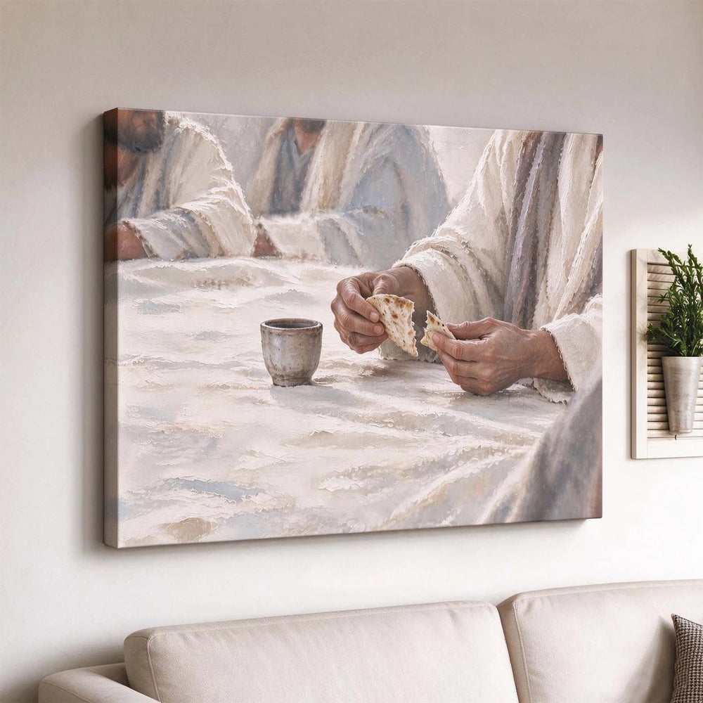 Close-up of Jesus sharing bread in a Christian canvas painting