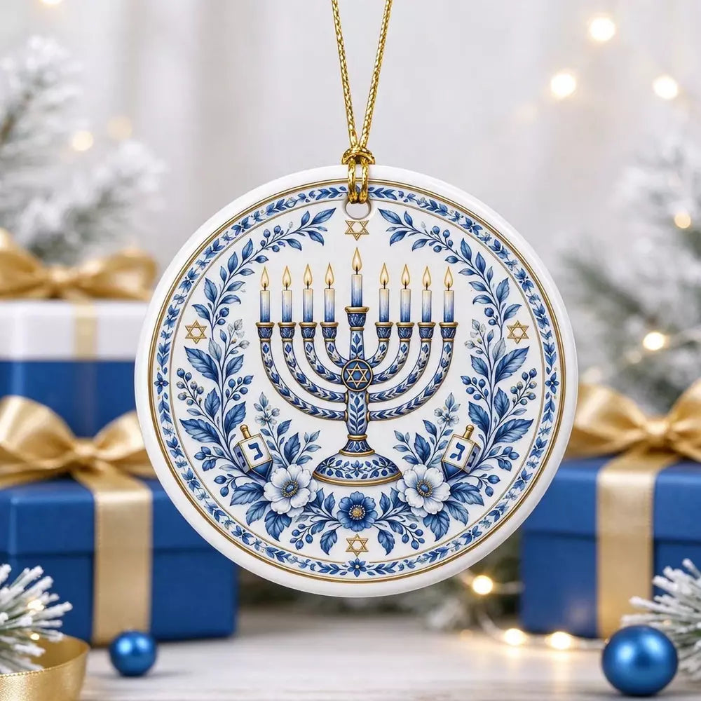 Jewish blue and white hanukkah menorah ornament