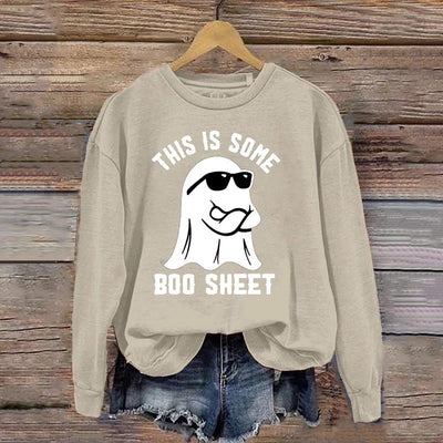 Women's Halloween This Is Some Boo Sheet Printed Crew Neck Long Sleeve Sweatshirt