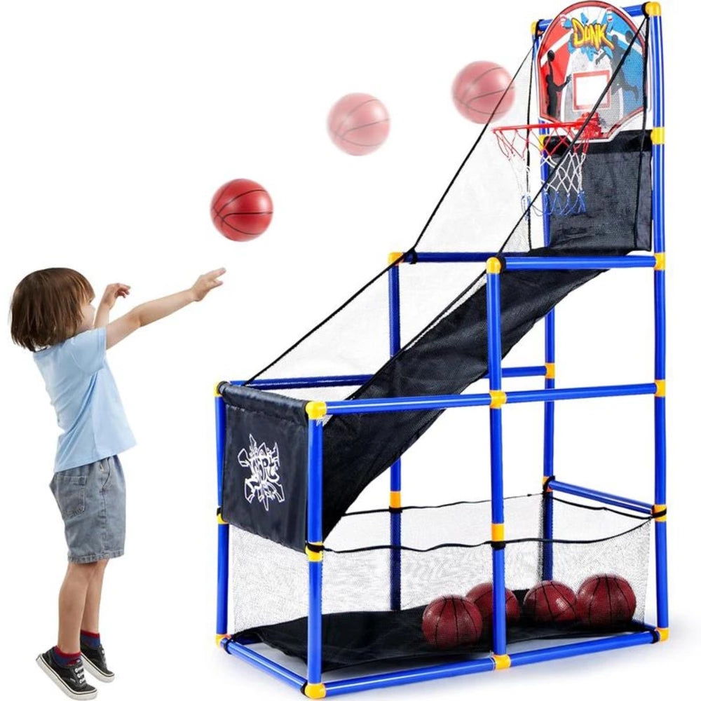 Blue kids basketball hoop set with an arcade-style design