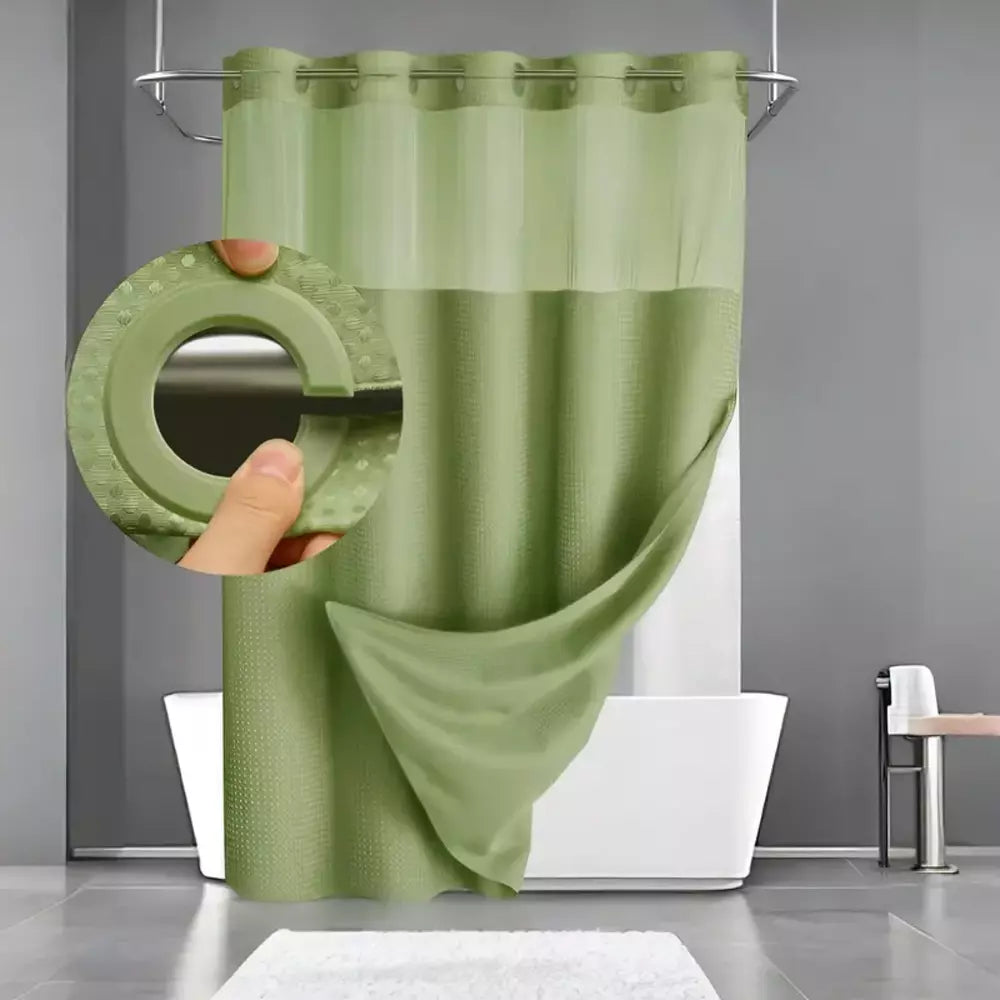 Leaf green waffle shower curtain with a textured fabric design