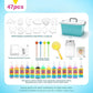 A product listing graphic for a children's plastic mold and paint kit, showing a turquoise storage bin, assorted white mold shapes, paint bottles in multiple colors, a yellow paint brush, and other included accessories on a light blue background.