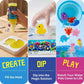 Three-panel promotional collage for a magic water pet toy set. Left panel shows a hand squeezing yellow liquid into a mold.